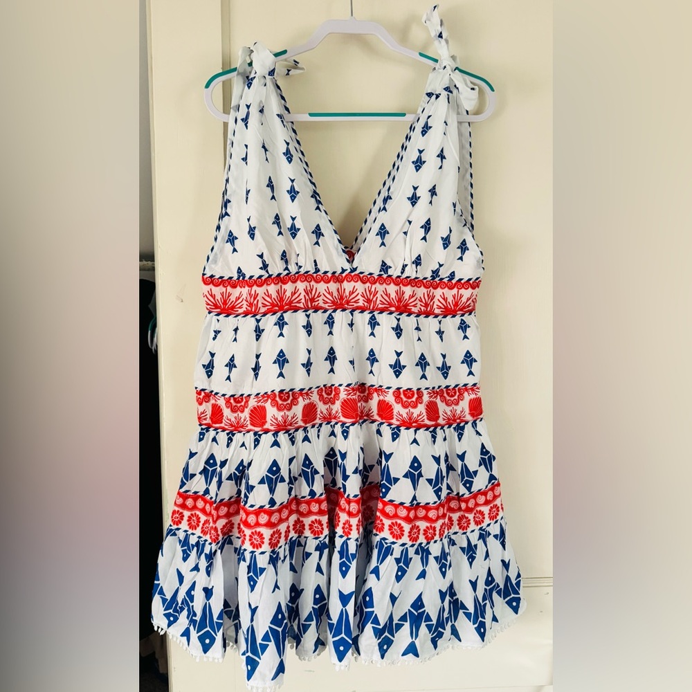 FARM Rio White Mini Dress with Blue Geometric Print & Red Embroidery